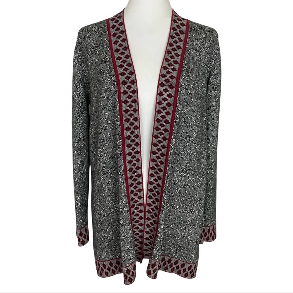 SUSAN GRAVER | Long Sleeve Open Front Cardigan Sweater - Gray Black Red White